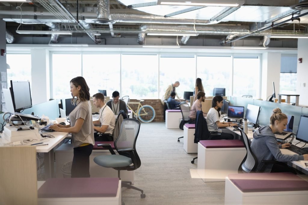 employees working in an open office